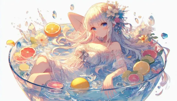 フルーツの泉に浮かぶ花の妖精