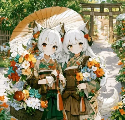 花傘の狐耳姉妹と秋の参道