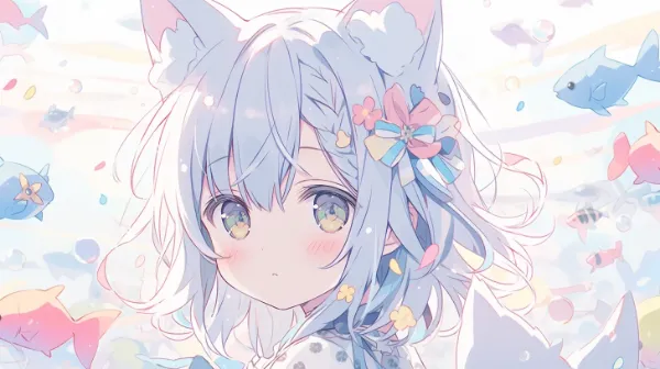 幻想的な海で微笑む猫耳の少女