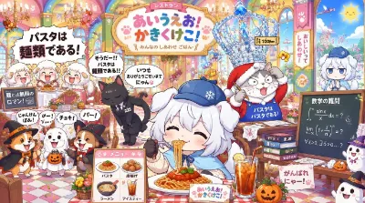 ペロちゃん、パスタを食べる。