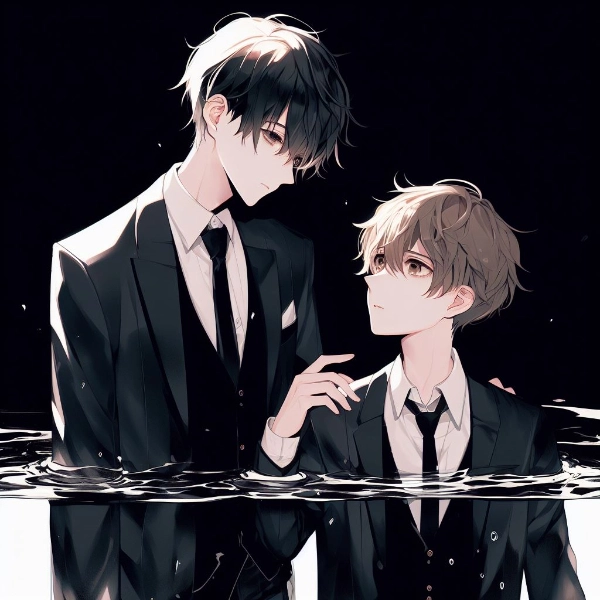 黒い水面の喪服男子