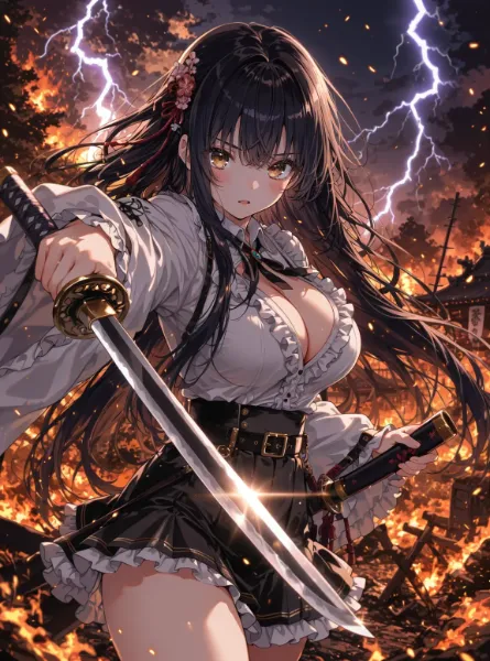 炎と雷に輝く黒髪の剣士