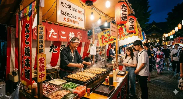 夏祭りのたこ焼き屋台の夜