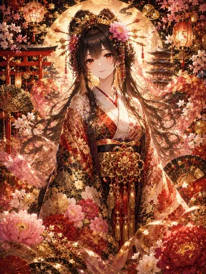 月下の華麗なる着物美人