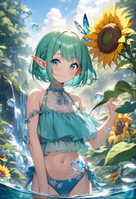 向日葵と戯れるエルフの少女