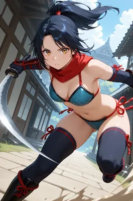 紅のマフラー揺らす女剣士