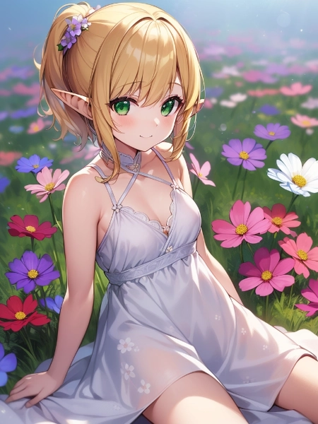 コスモスの花畑とエルフちゃん