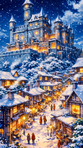 雪に包まれた城下の夕べ／スマホ壁紙アーカイブ