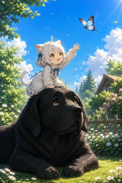 白猫と黒犬・チョウチョウ