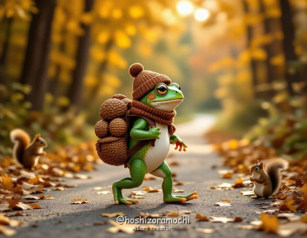 木の実リュック背負ってお散歩、てくてく森のガマちゃん / A forest frog takes a walk with a nut backpack on his back