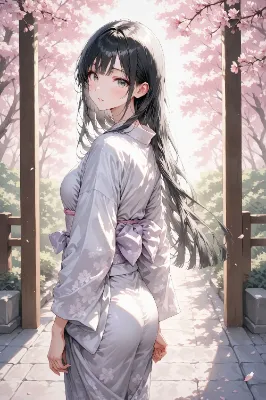 桜の下の浴衣少女