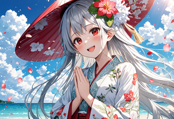 夏の海で祈る花傘の少女