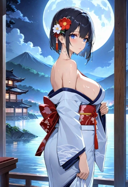 月の光に照らされる和服美女