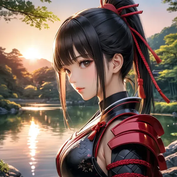 夕陽に佇む赤鎧の女武者