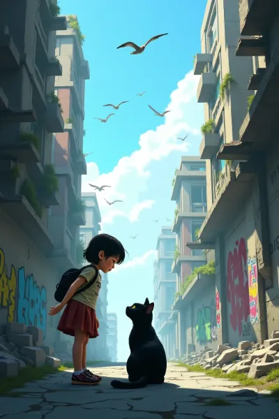 廃墟の路地で出会った黒猫