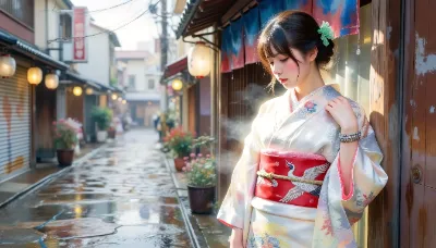 雨上がりの街で浴衣の女性