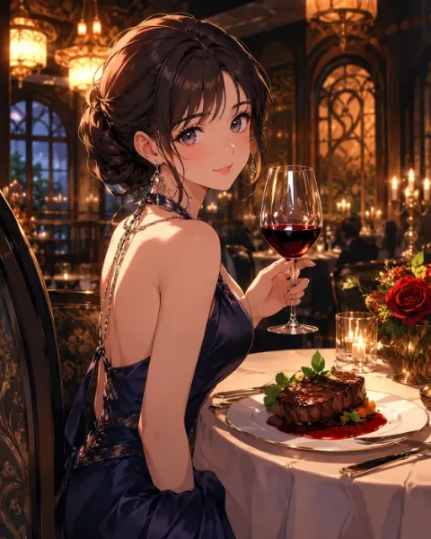 シャンデリアの下で微笑む夜のディナー