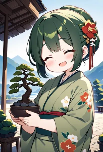 盆栽と着物姿の少女