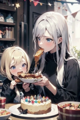 誕生日に料理を食べるお姉さんと少女