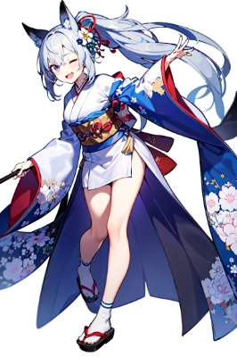 ミニ丈銀髪ケモ耳和服娘