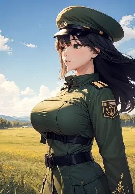 風に舞う黒髪、草原の女軍人