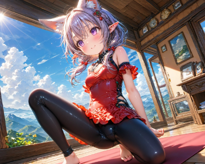 山でヨガをするケモ耳エルフさん（６枚）