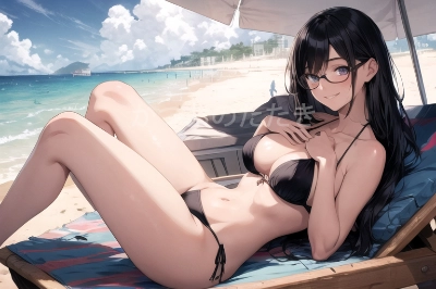 黒髪ロング眼鏡　水着 黒ビキニ