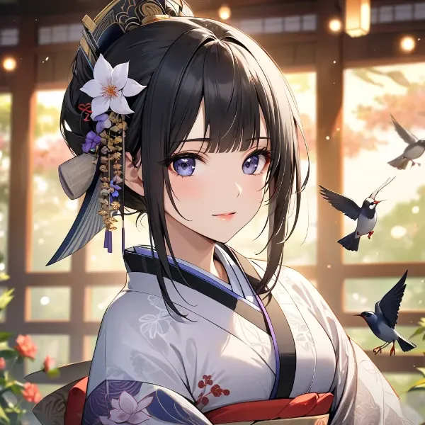 桜舞う着物少女の微笑み