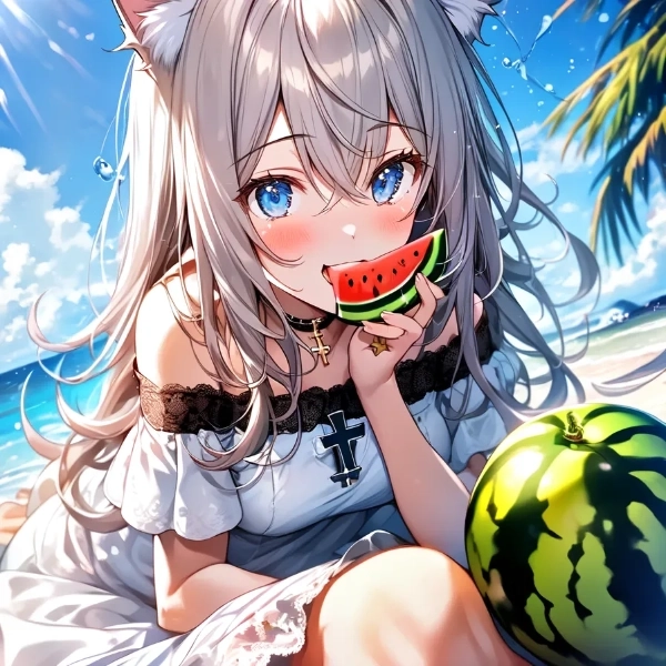 スイカを頬張る猫耳娘