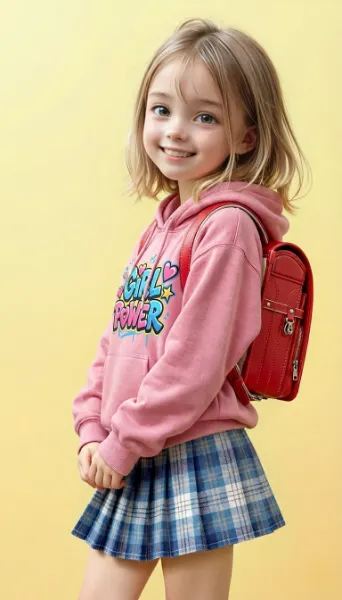 ロゴ入りパーカーとチェックスカートのコーデ