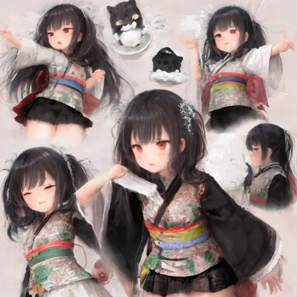 黒猫と着物の内気少女