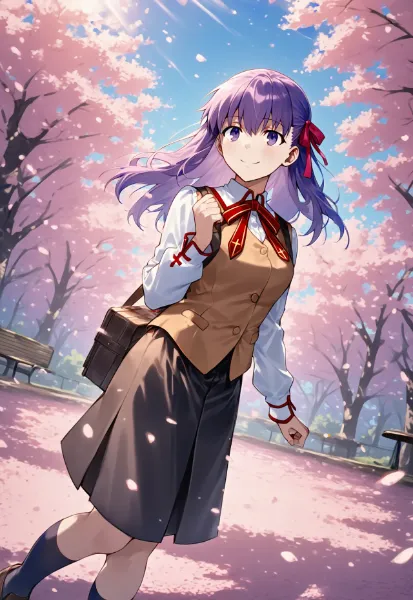 桜の花びらの上で歩く間桐桜です