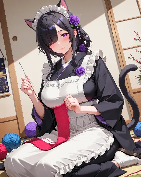猫耳和風メイドの編み物タイム