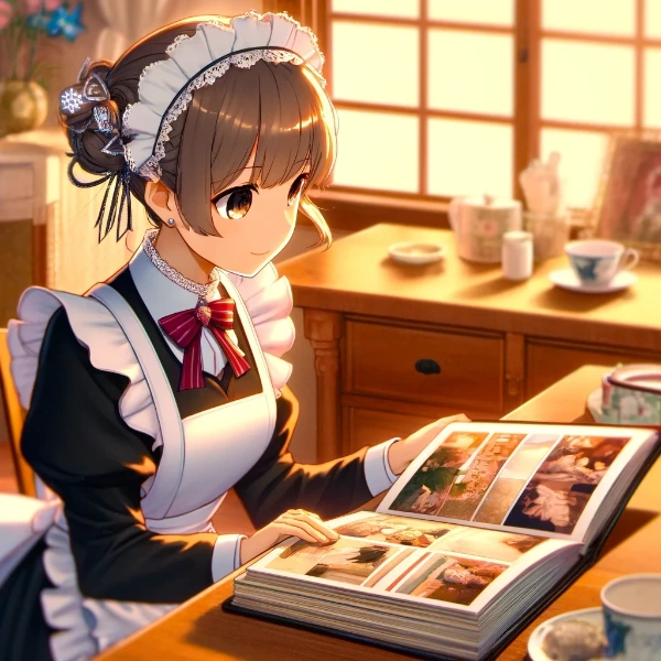 アルバムを見て昔を思い出すメイドさん