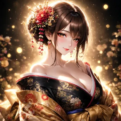 光に輝く華麗な着物美人
