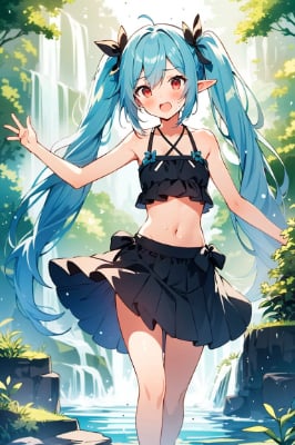 川で遊ぶ赤目のエルフの女の子