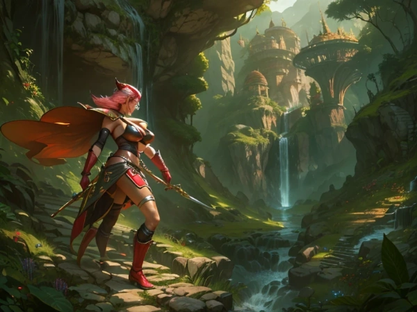 森の遺跡を冒険する女戦士