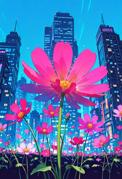 ネオン都市に咲く巨大ピンクの奇跡