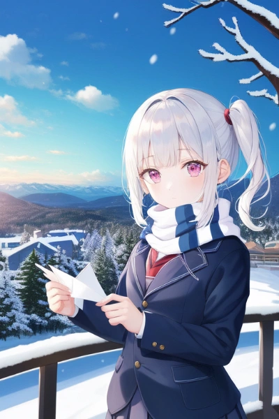 雪景色の中、紙飛行機を飛ばそうとするJK