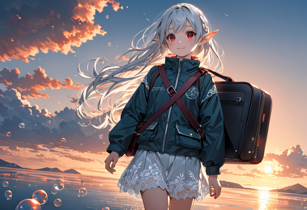 夕陽の海辺で旅立つ銀髪エルフ