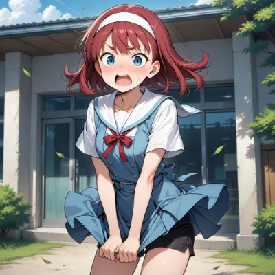 風のいたずらに驚く放課後の少女