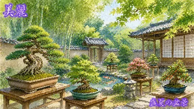 盛夏の庭に息づく盆栽の記憶
