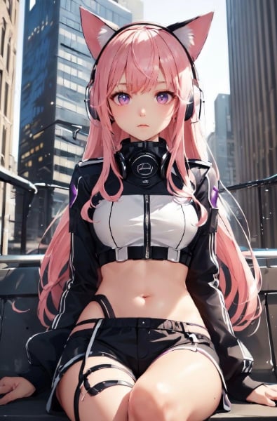 座る　猫耳ヘッドフォン