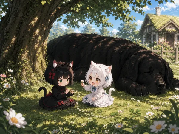 【白猫と黒猫】 木陰で遊んだ