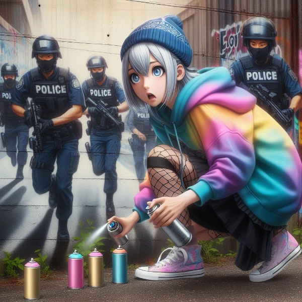 「警官に追われているスプレーアーティスト」のスプレーアート