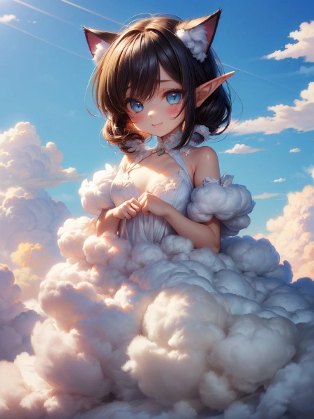 黒猫と綿菓子ドレスのケモ耳エルフさん