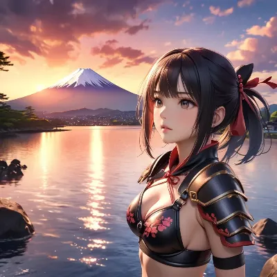 夕焼け富士と黒髪の女武者