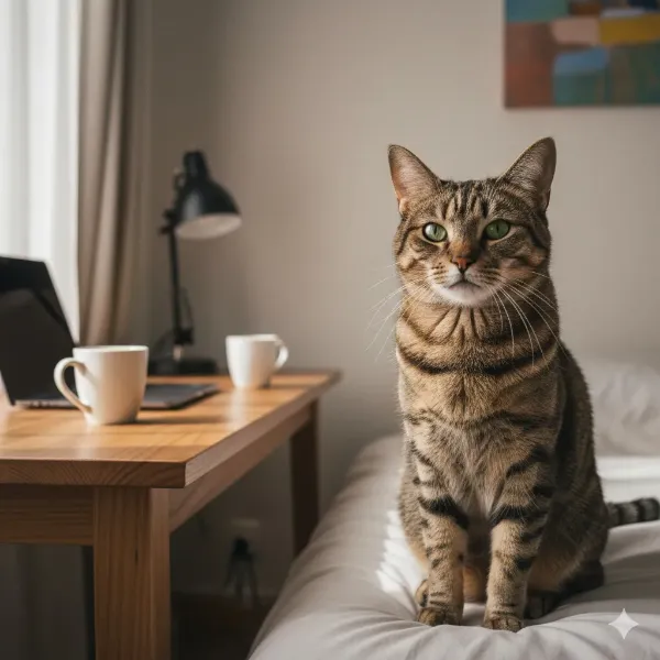 仕事部屋の守護猫と朝のひと時