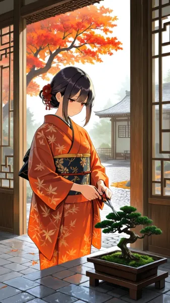 盆栽の剪定をする女将さん