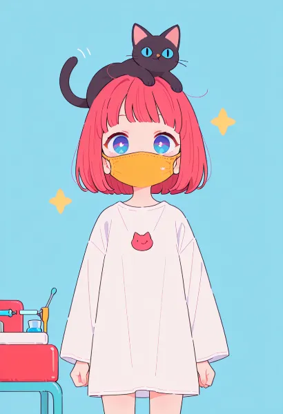 黒猫が頭に乗るマスク少女の朝